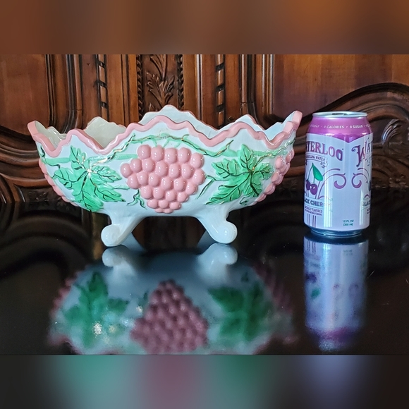 Vntg Handpainted Ceramic Centerpiece Bowl Pink Grapes🍇 Green, Gold Irredescent - Picture 13 of 15